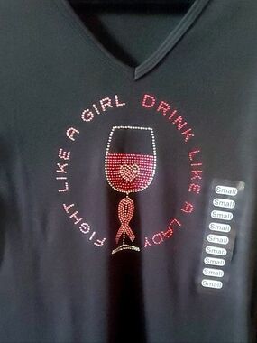 Black V-Neck Women’s Top with Wine Rhinestone Graphic